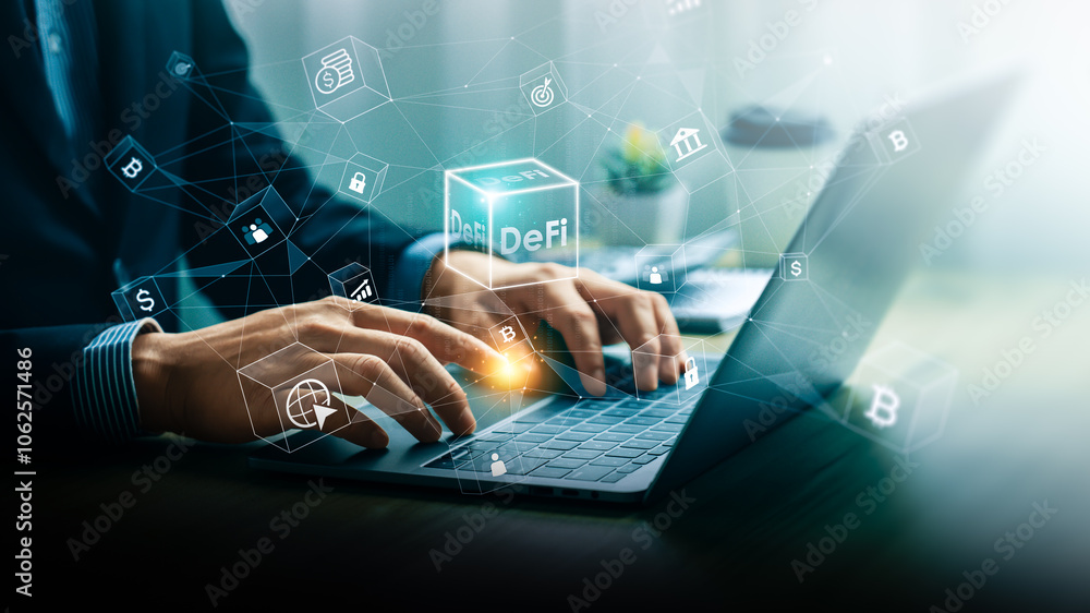 Poster Hands using laptop with holographic decentralized finance or DeFi, Digital Curry and Blockchain Network, showing modern financial technology and online transactions.