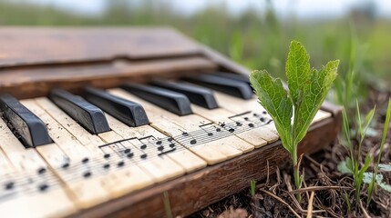 Old Piano Keys with Music Notes and Green Plant in Nature   Close Up