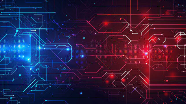 Advanced tech background with red and blue holographic HUD elements, cascading coding lines, and glowing circuits, creating a digital sci-fi feel.