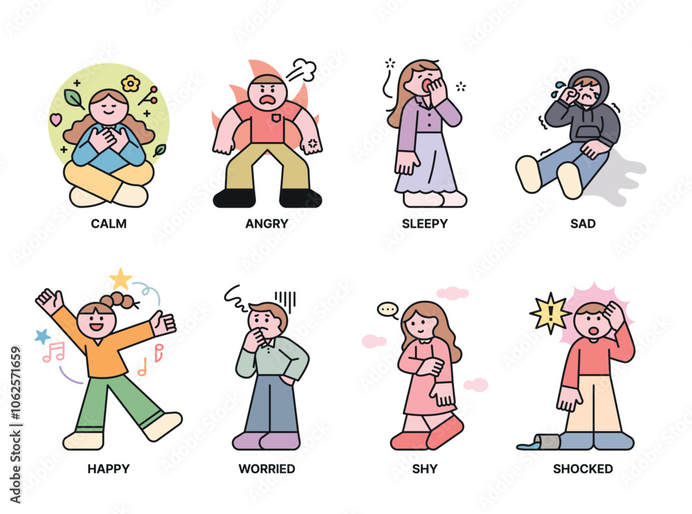 Poster a collection of iconic human characters expressing positive and negative emotions.1 outline simple v