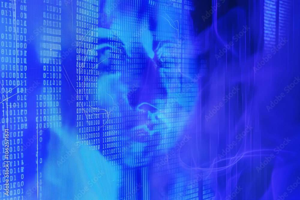 Poster cyber-inspired tech background wallpaper design with floating computer code, radiant matrix grids, a