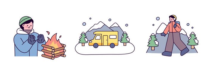 A person warming his hands by a campfire and a person hiking in a camping car in the snowy winter nature.