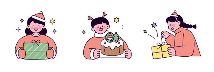 Christmas. Children dressed in Santa costumes hand out presents, untie ribbons on gift boxes, and hold Christmas cakes.