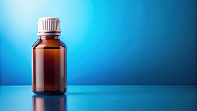 Wide-angle bottle of Benadryl antihistamine against blue background