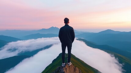 Fototapeta premium Man Standing on Mountain Peak with Sunset Sky and Clouds Freedom and Adventure Concept