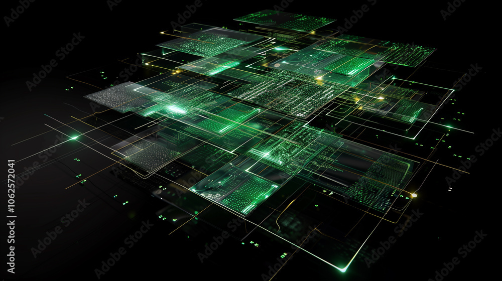 Poster futuristic wallpaper featuring floating panels of data with virtual elements, green code strings, an