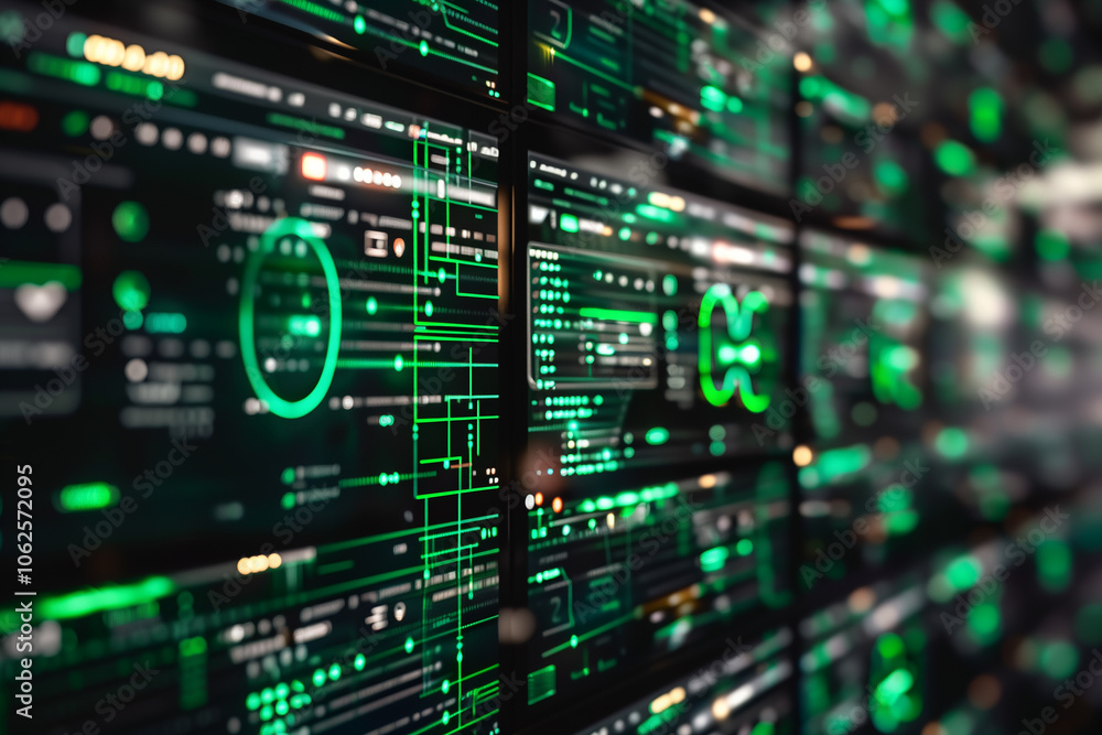 Aufkleber futuristic wallpaper featuring floating panels of data with virtual elements, green code strings, an