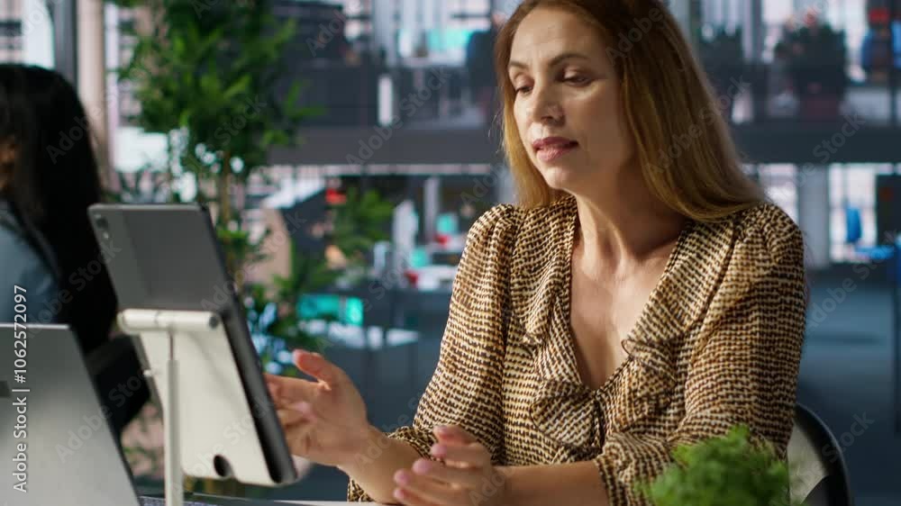 Poster entrepreneur attending video conference call on a tablet, overseeing performance metrics and discuss