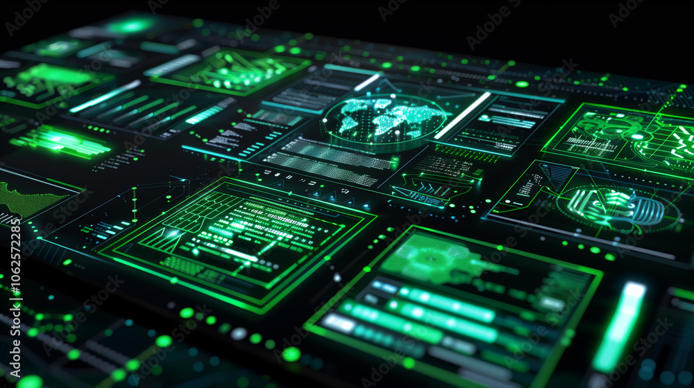 Aufkleber futuristic wallpaper featuring floating panels of data with virtual elements, green code strings, an