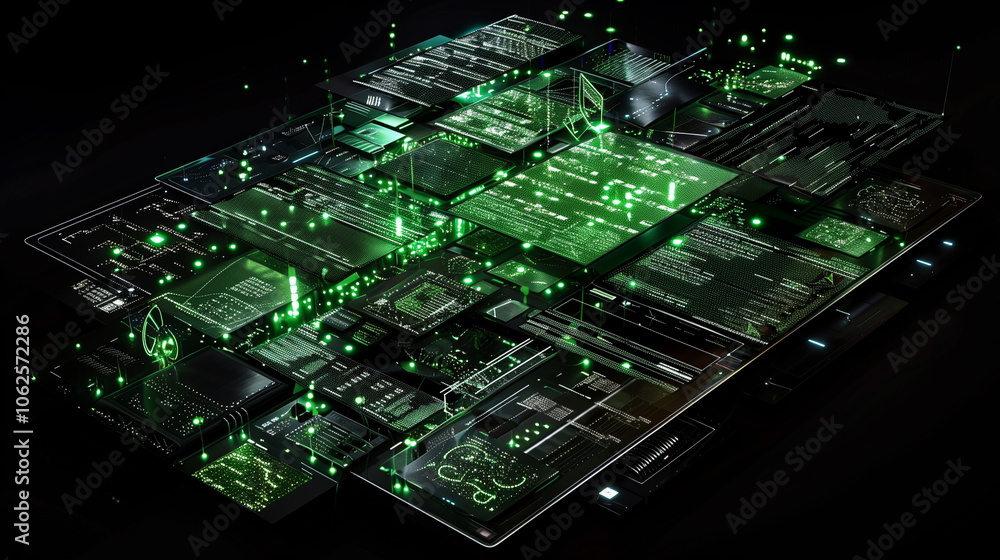 Poster futuristic wallpaper featuring floating panels of data with virtual elements, green code strings, an