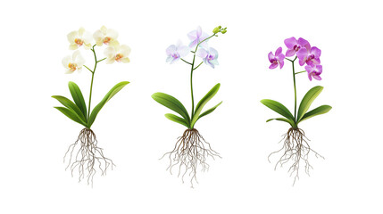 Set of orchid illustrations featuring unique colors, lush green leaves, and intricate root systems, highlighting natural beauty, isolated on transparent PNG background