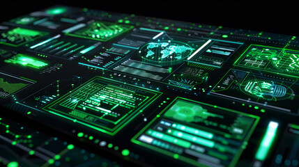 Fototapeta premium Futuristic wallpaper featuring floating panels of data with virtual elements, green code strings, and holographic light effects against a black background.