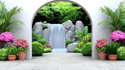 Arched Gateway to a Tranquil Waterfall Garden