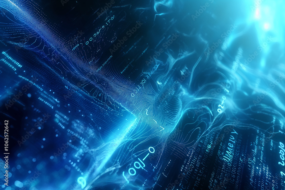 Poster high-tech background with luminous digital scripts, abstract waveforms, and virtual screens, set aga