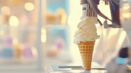 Freshly made vanilla soft serve ice cream cone being dispensed from an automatic machine in a bright and modern dessert shop, creating a delicious and creamy treat.