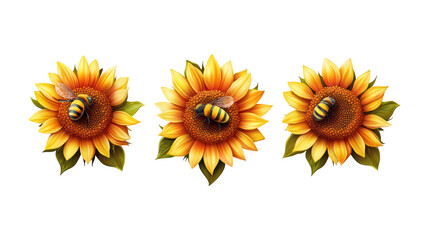 Obraz premium Set of lifelike sunflowers with intricate petals and a bee resting on the center, highlighting nature’s beauty and harmony, isolated on transparent PNG background