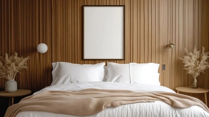 Cozy bedroom scene with neat bed with white pillows and light blanket and a blank hanging picture on the wall