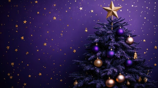 Purple christmas tree with gold ornaments, star topper, on purple background with gold stars