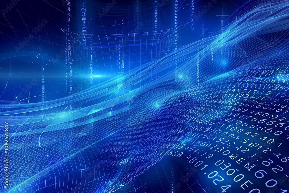Poster high-tech background with luminous digital scripts, abstract waveforms, and virtual screens, set aga