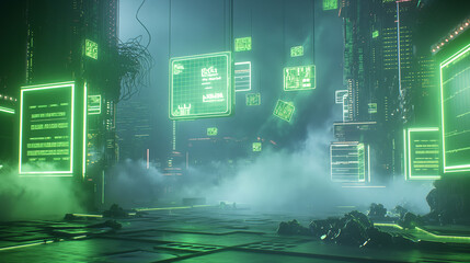Virtual reality display with neon green coding scripts, geometric data grids, and transparent screens floating against a dark, smoky background.