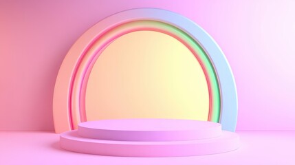Pastel Pink Background with Two-Tier Circular Platform and Rainbow Arc