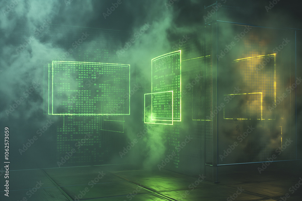 Poster virtual reality display with neon green coding scripts, geometric data grids, and transparent screen