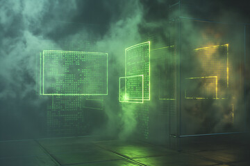 Virtual reality display with neon green coding scripts, geometric data grids, and transparent screens floating against a dark, smoky background.