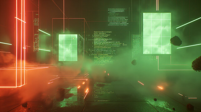 Virtual reality display with neon green coding scripts, geometric data grids, and transparent screens floating against a dark, smoky background.