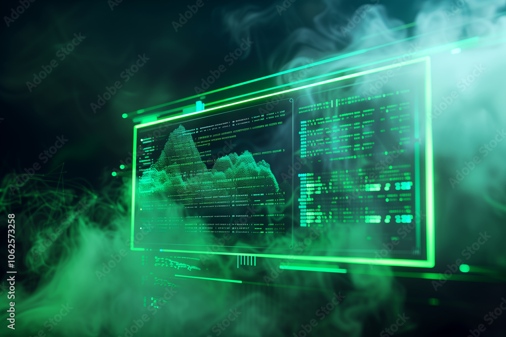 Poster virtual reality display with neon green coding scripts, geometric data grids, and transparent screen