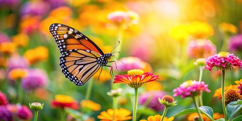 Fototapeta premium Wide-angle butterfly perched on blooming flower garden scene