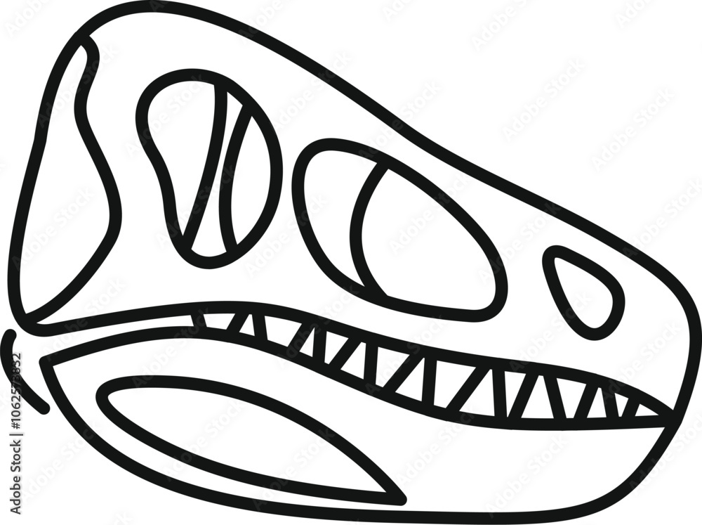 Poster drawing of a dinosaur skull fossil isolated on white background, showing sharp teeth and eye sockets