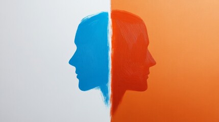 Abstract silhouette profiles in contrasting blue and orange on a split background.