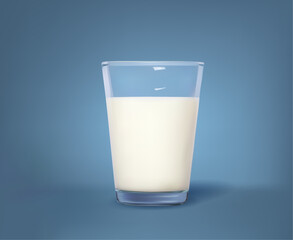 3d milk glass on blue gradient background. Realistic milk glass