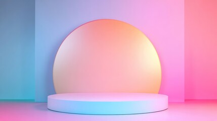 A White Circular Platform Against a Pastel Pink, Blue, and Yellow Background
