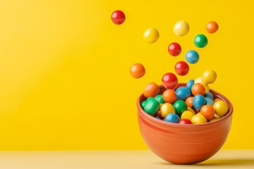 Obraz premium Colorful candies spilling out of a bowl on a vibrant yellow background.