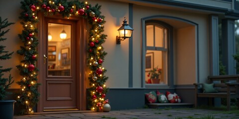 Christmas Festive garland wrapped around a doorway on the left side, leaving the right side empty for text against a cozy indoor background.