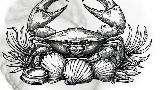 A detailed ink drawing of a crab surrounded by seashells and seaweed