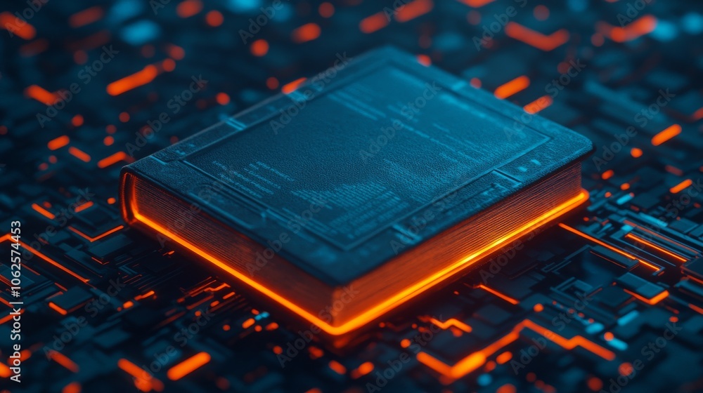 Poster futuristic book design with glowing edges on a digital circuit background.
