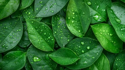 Fototapeta premium Fresh green leaves with water droplets, nature background.