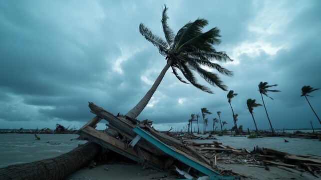 Hurricane Aftermath   Palm Tree and Debris on Sandy Beach