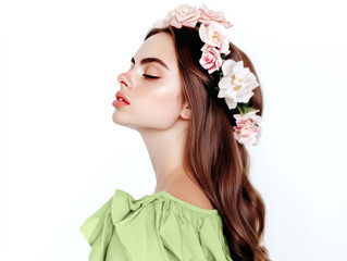 Woman with flower crown on head, looking upwards