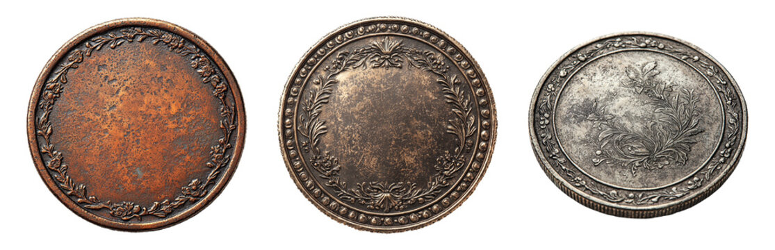 PNG Antique Coins with Vintage Designs and Textures. Isolated on transparent background