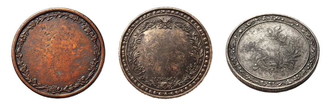 PNG Antique Coins with Vintage Designs and Textures. Isolated on transparent background