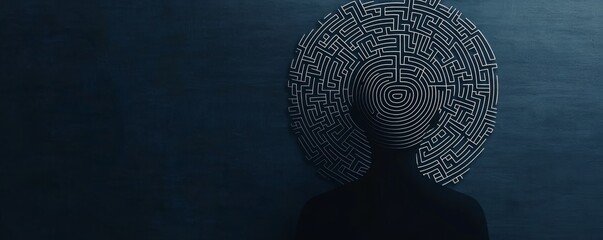 Silhouette figure with maze pattern, dark background, abstract concept of thought.