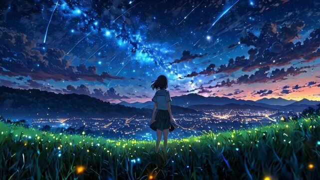 Glowing fireflies illuminating a fairytale field at dusk, with a majestic night sky with stars and a young woman standing