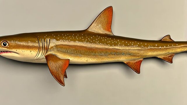A brown and white shark with orange fins is pictured against a gray background