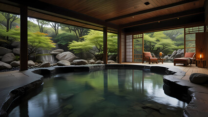 Fototapeta premium serene Japanese hot spring environment surrounded by natural elements