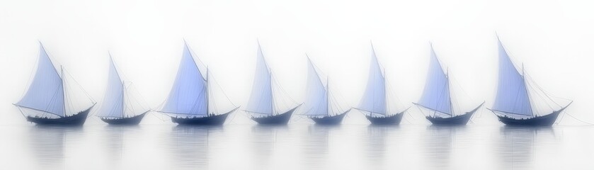 Fototapeta premium Sailboats in Foggy Ocean Nautical Serenity Tranquil Waterscape Artistic Illustration
