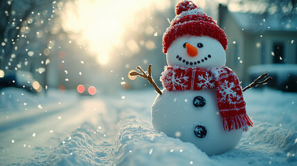 Obraz premium Snowman with red scarf and hat in snowy yard at sunrise