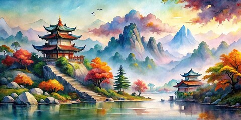 Obraz premium Wide-angle colored oriental ink landscape painting